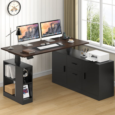 55" L Shaped Electirc Standing Desk, Height Adjustable Corner Desk With Power Outlets & Storage Drawers
