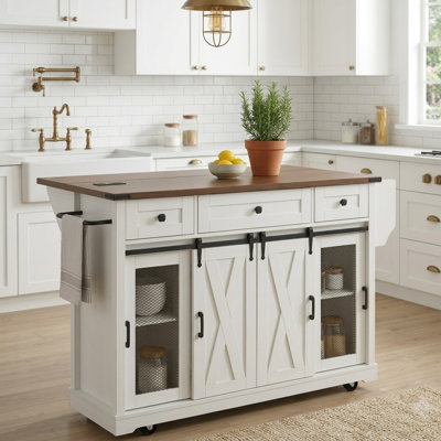 58" Farmhouse Kitchen Island With Drop Leaf, Power Outlet, And Sliding Barn Doors