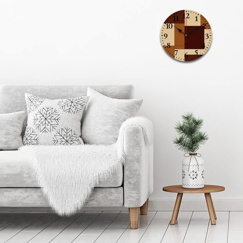 Horloge murale brune et beige à motif géométrique rond 12 po x 12 po pour bureau et cour