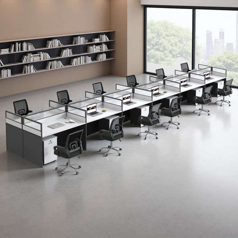 Rectangle White/Grey 12 Person Office Cubicle Desk with Cable,And Privacy Screens