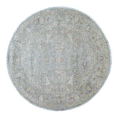 Tapis oriental rond 6 pi x 6 pi bleu poudré Ziegler Mahal, délavé avec des nuances de couleurs équilibrées, rond, noué à la main, pure laine