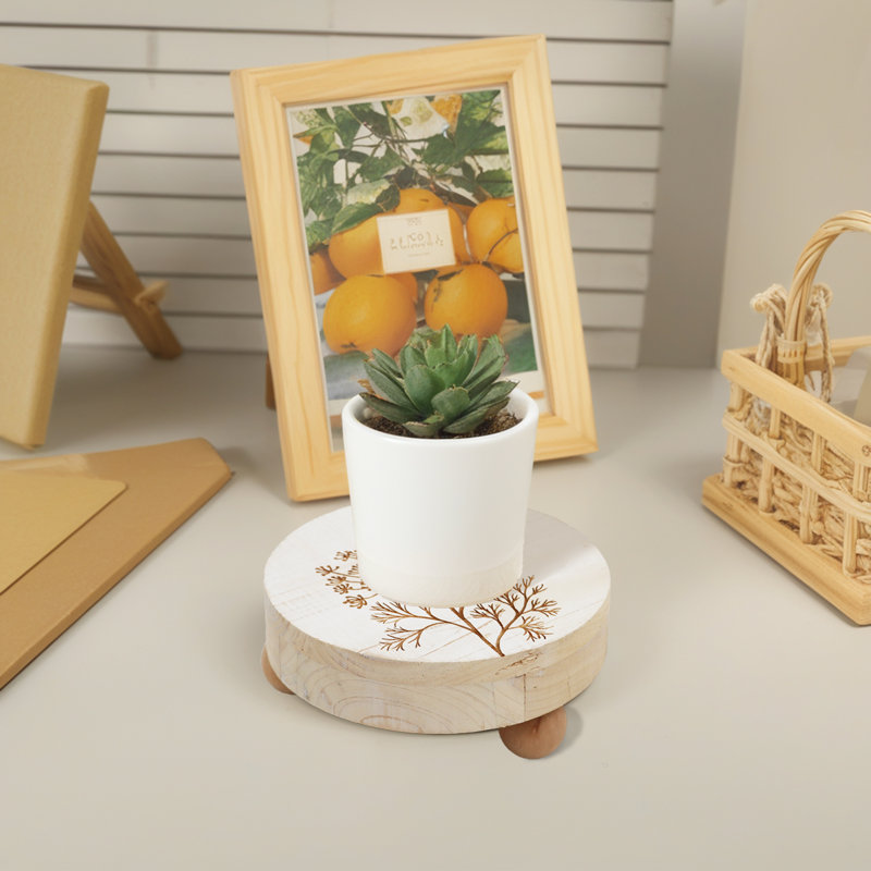 Decorative Round Wood Display Riser, Small Plant Stand, White, 3.1" H x 7.5" W x 7.5" D