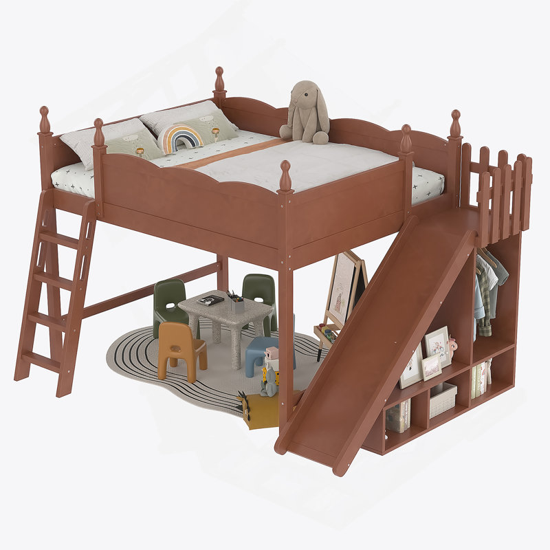 Full Loft Bed With Storage Shelves And Wardrobe, Solid Wood Loft Beds With Detachable Slide And Ladders, No Spring Box Needed, Pink And White.(Patent Protection)