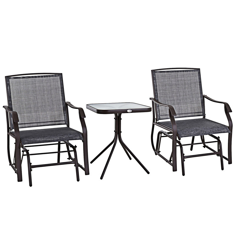 3 Piece Outdoor Glider Chair With Coffee Table Bistro Set, Gray