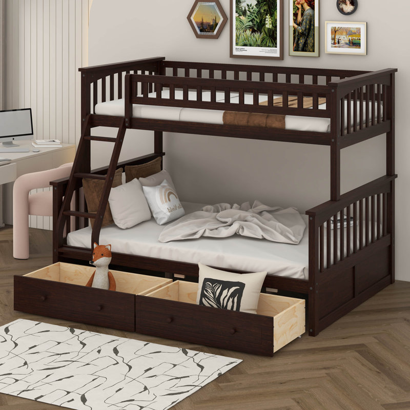 Twin Over Full Bunk Bed With Drawers, Convertible Wood Bunk Bed With Ladders, Solid Wood Bunk Bed Frame, Gray