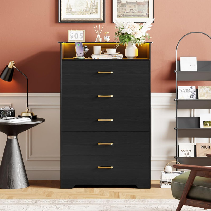 5-Drawer Dresser with LED Lights & Charging Station – 51” Tall Vertical Chest with Open Shelf, Power Outlet & USB Ports – Modern Storage Cabinet for Bedroom, Living Room, Entryway, Black