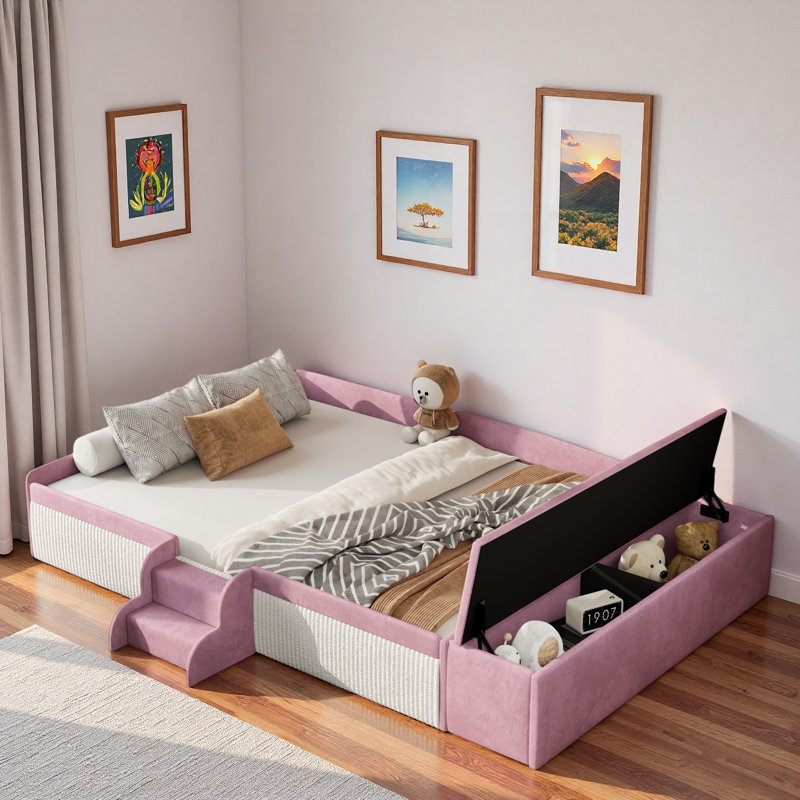 Upholstered Daybed With Stairs And Gas Lift Storage Ottoman, Full, Pink