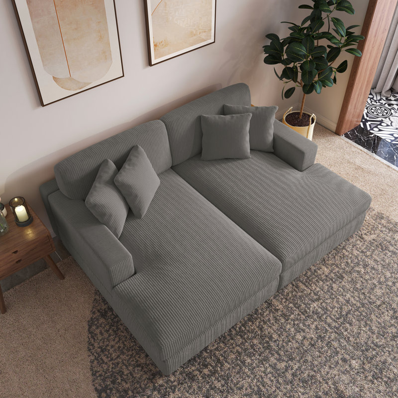 Oversized Upholstered Light Gray Corduroy Sleeper Sofa Bed Lounge sofa with Armrests & Throw Pillows, Light Gray