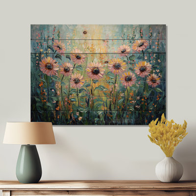Spring Symphony Of Blue Sunflowers II - Sunflowers Wood Wall Decor - On Natural Pine Wood