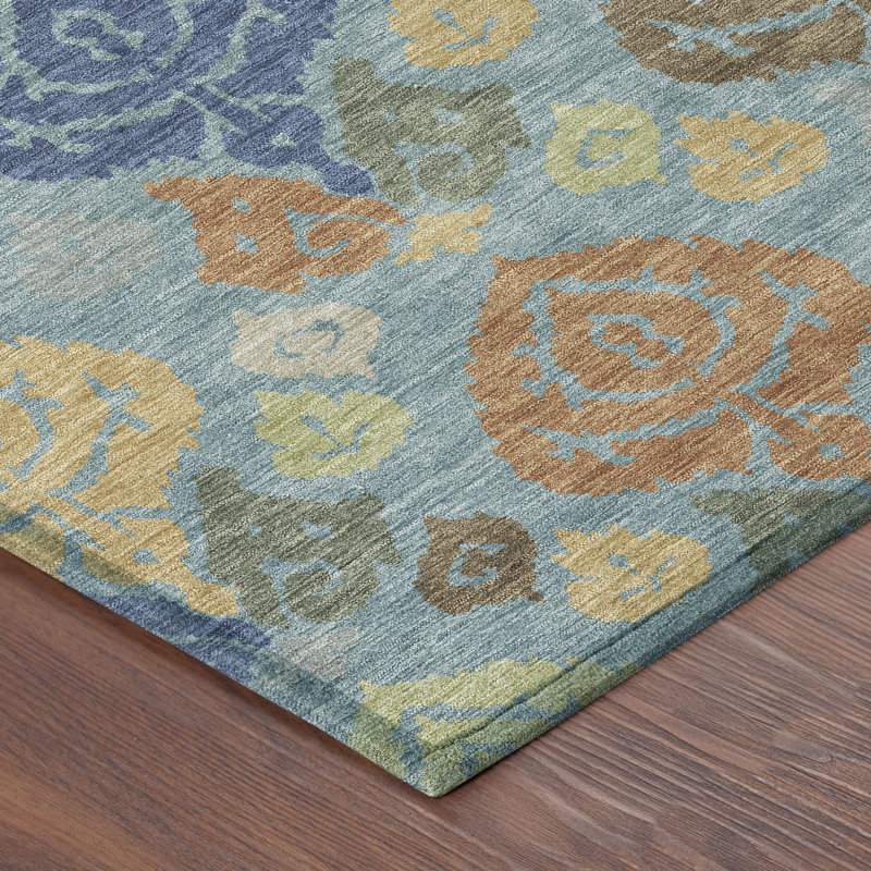 Tapis damassé intérieur / extérieur lavable à la machine ACN2460, Sarcelle, 8 pi x 10 pi
