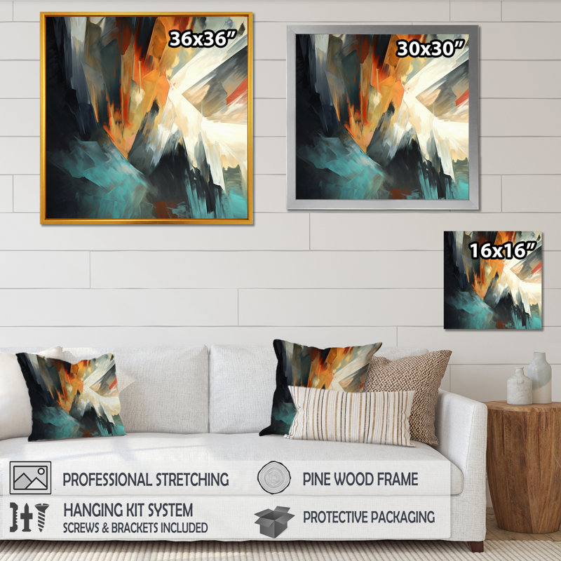 «Orange and Blue Abstract Mixed Colors I - Minimalisme», reproduction sur toile, H 16 po x l 16 po x P 1 po, Cadre photo noir