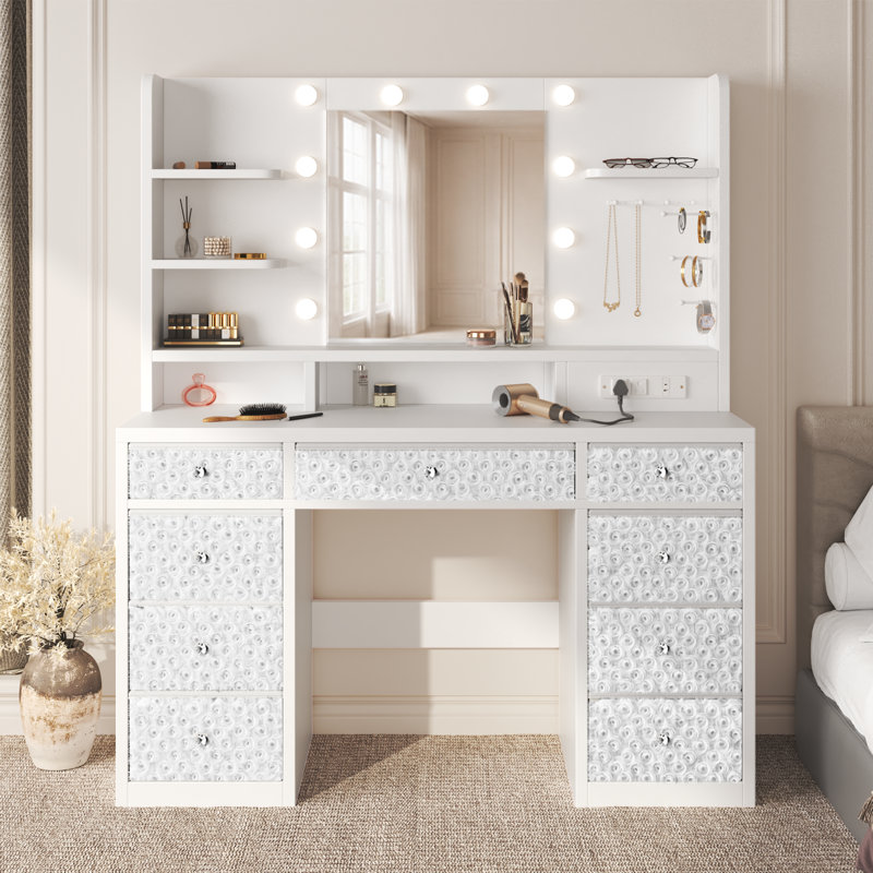 Coiffeuse avec miroir lumineux DEL, station de recharge (prises de courant, ports de type C et USB-A), 9 tiroirs, Blanc