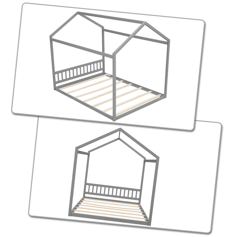 Lit en bois minimaliste avec tête de lit et conception en forme de maison, pour le salon de la chambre à coucher, Gris