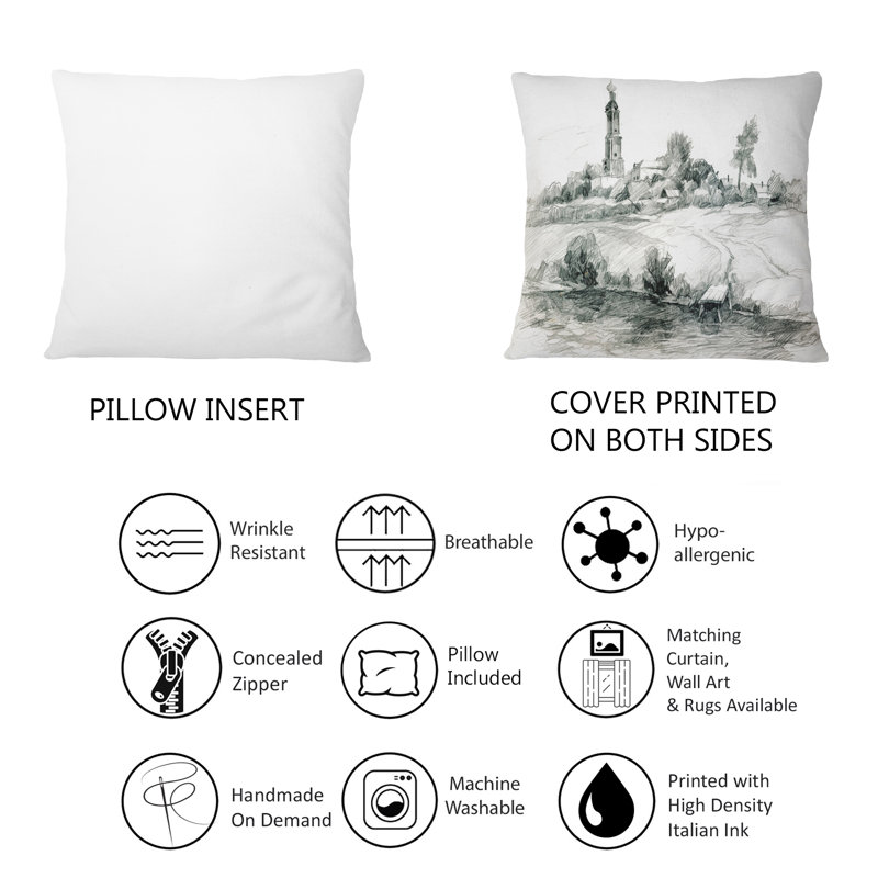 Coussin décoratif monochrome avec paysage champêtre