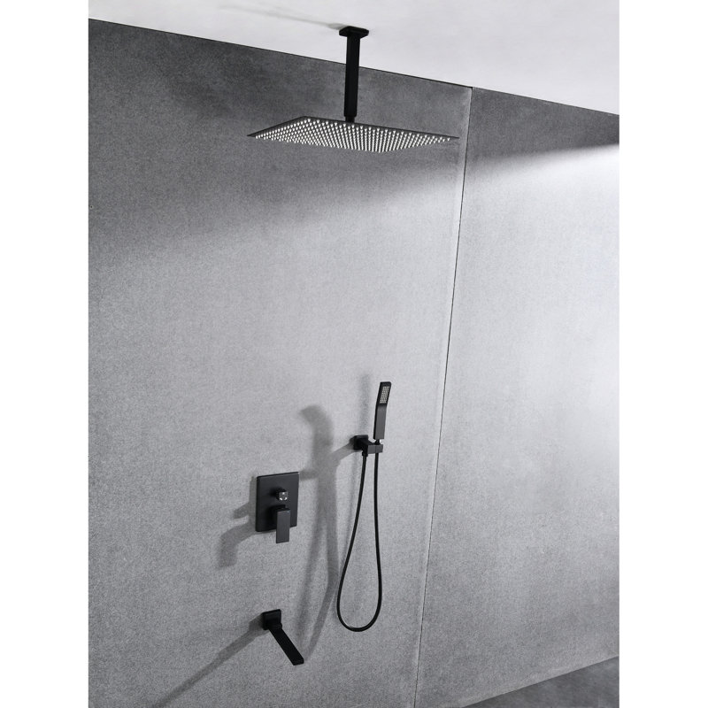 Ceiling Mounted Shower Package - 16" Head & Handheld, Brushed Nickel, Stainless Steel, Self-Cleaning Nozzle Keeps Water Outlet Clear, Natural Rainfall Experience, , Conforms To American Standard Pipe