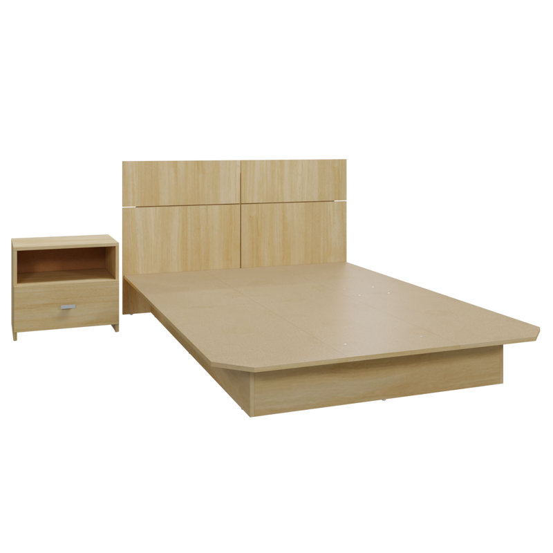 Chambre Zen Alpha - Lit plateforme avec tête de lit et 1 ou 2 tables de chevet - Montage facile, sommier non requis, Beige