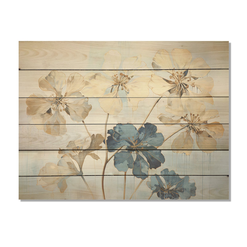 «Geraniums» beige et bleu en fleurs - art mural en bois de géraniums sur bois de pin naturel, H 24 po x l 32 po