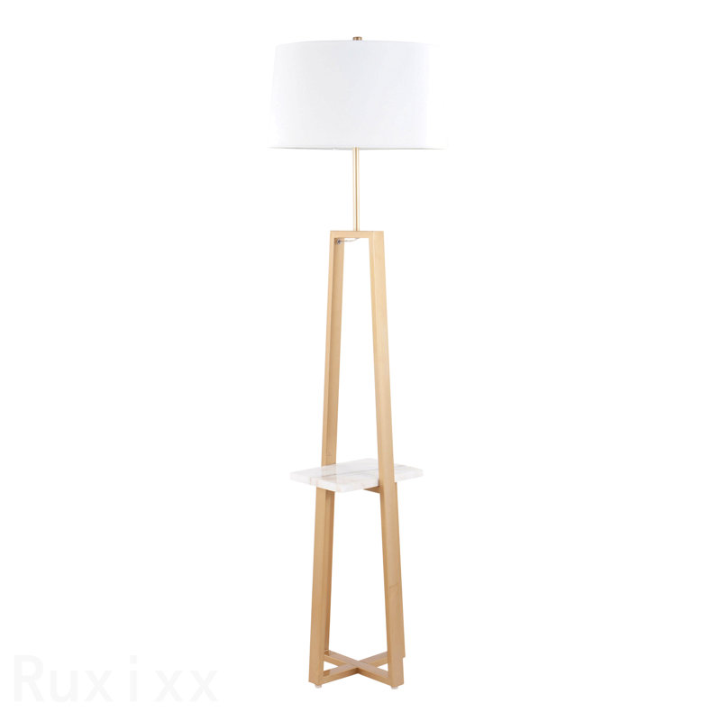 Lampe sur pied étagère contemporaine / glam en marbre blanc et métal doré avec abat-jour en lin blanc par Lumisource