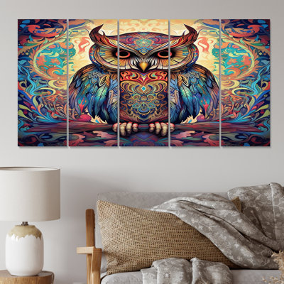 Portrait de hibou magique dans une forêt enchantée - décoration murale animaux hibou - 5 panneaux égaux
