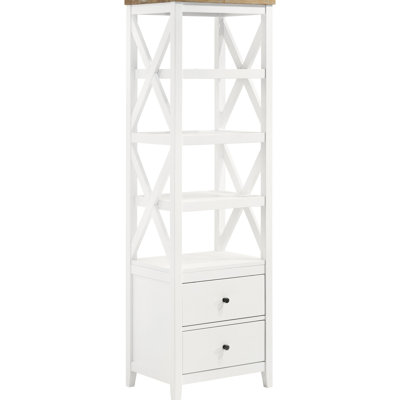 White Wood 4 - Shelf Bookcase With Brown Ash Veneer, Geometric Design, Drawers For Coastal Style Living Construction, X Shape, Two