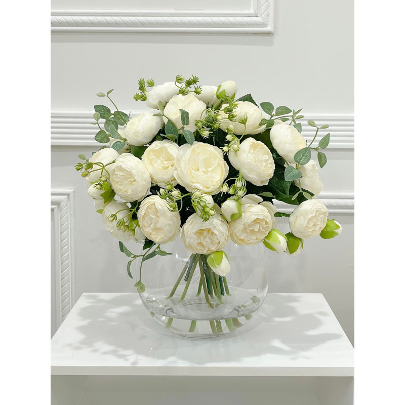 White Peony Faux Centerpiece In Glass Vase, White