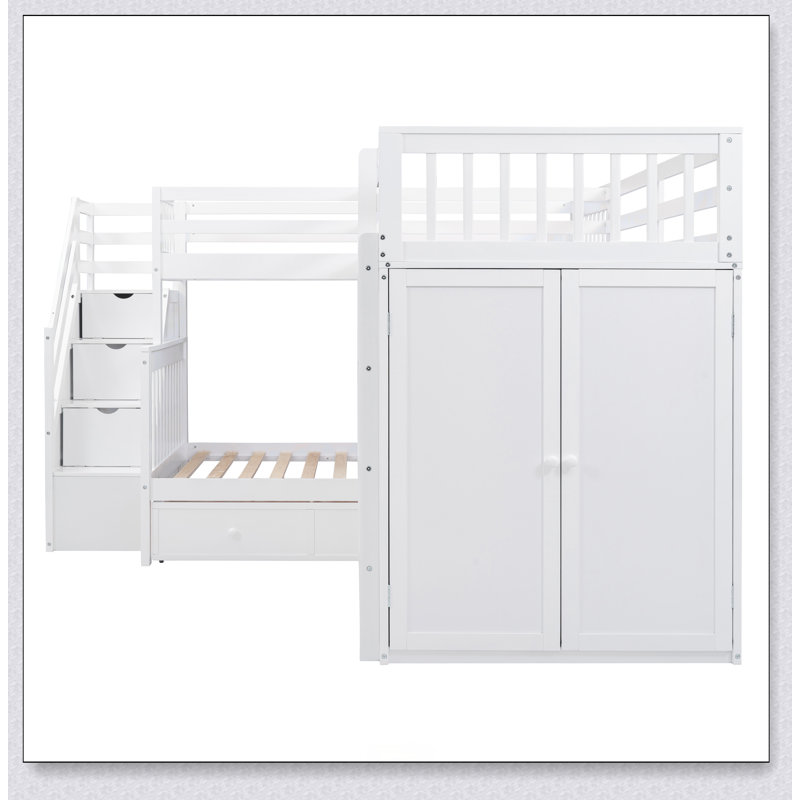 Lit superposé simple en L avec 3 tiroirs, bureau portable et garde-robe, White