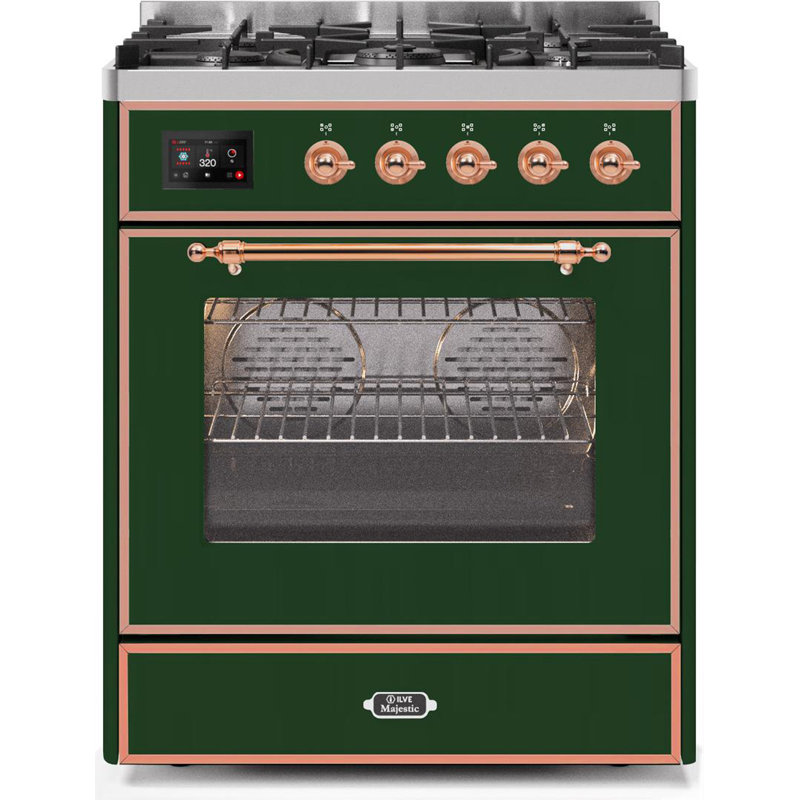 ILVE Majestic II Series 30 inch Dual Fuel Range with 5 Sealed Burners (Glass Door), Natural Gas, Emerald Green/Copper
