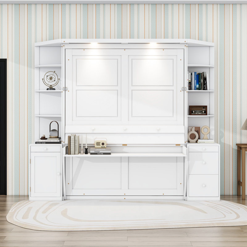 Grand lit escamotable peu encombrant avec bureau intégré et tiroirs de rangement, tablettes, Blanc