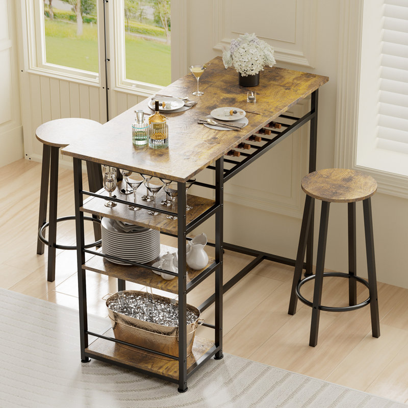 Dining Table Set for 2, Counter Height Kitchen Table and Chairs with Storage Shelves & Wine Rack, Bar Table Set with 2 Bar Stools, 3 Piece Dining Room Table Set for Small Space