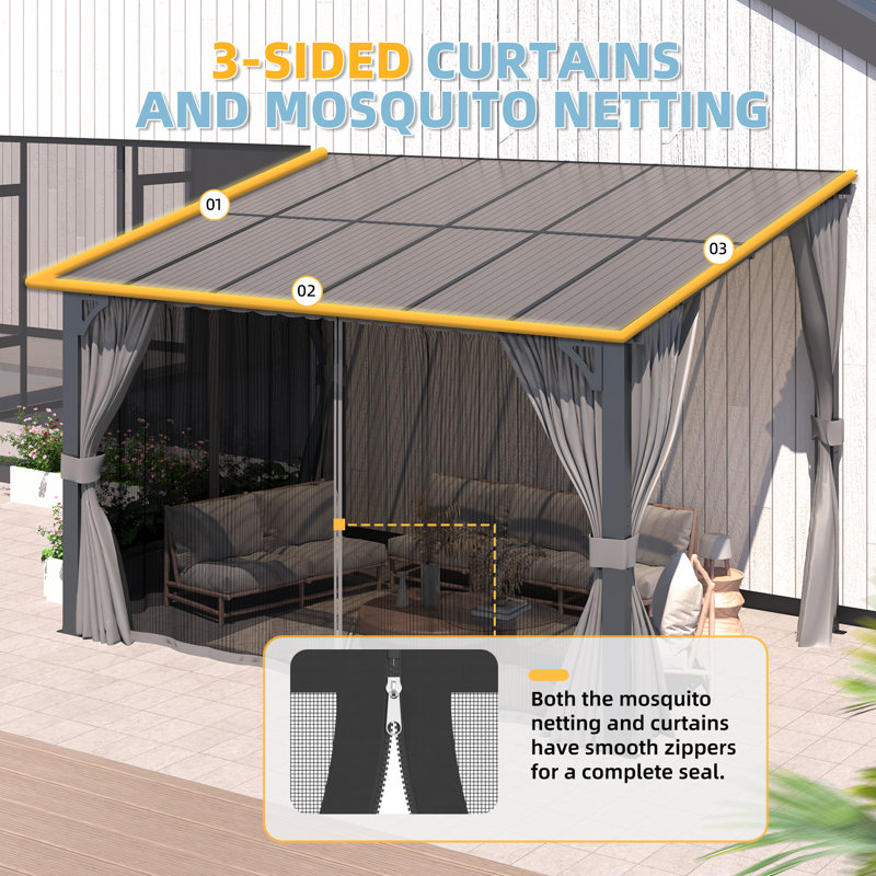 Lean-To Wall-Mounted Pergolas With Curtains And Netting, 96" H x 144" W x 96" D