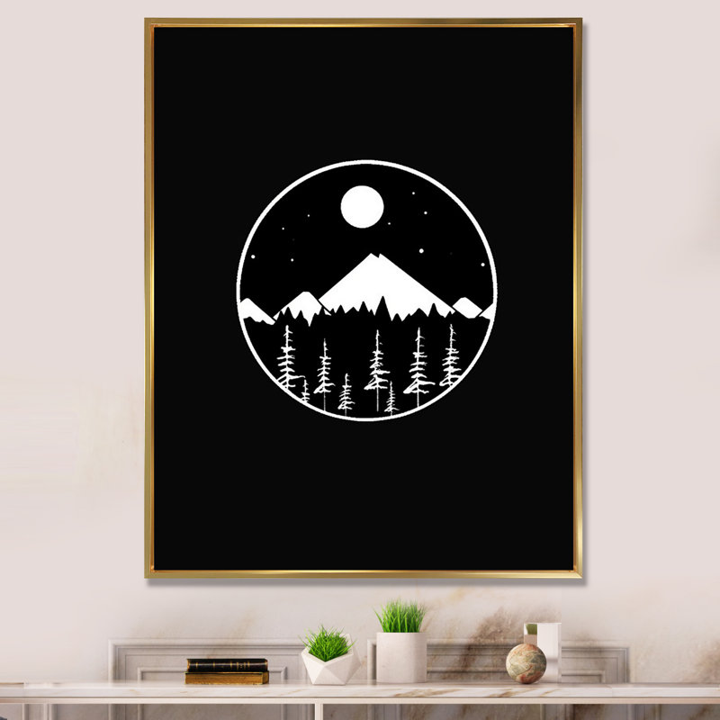 Minimal Full Moon Mountain en noir et blanc sur toile, Cadre flottant doré, H 44 po x l 34 po x P 1,5 po