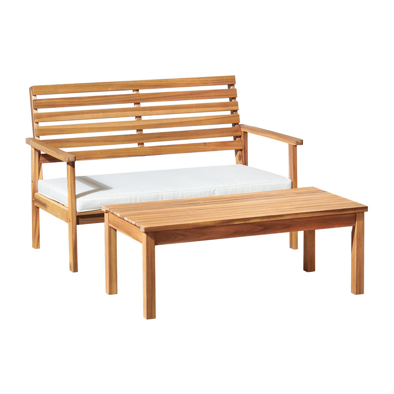 Banc d'extérieur en bois d'acacia avec coussin et table basse H 15 po, ensemble de 2