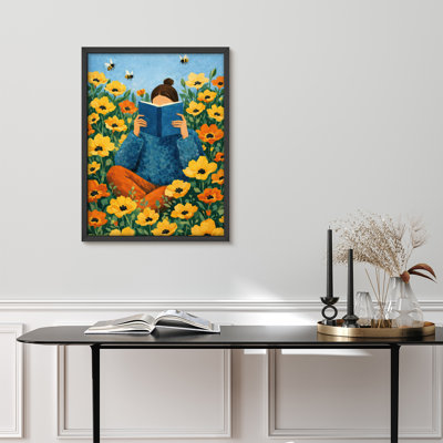 Girl Reading in Flower Field Framed Wall Art Prints - Whimsical Floral Scene for Bedroom Reading Nook