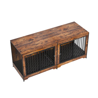 75" Double Dog Crate Furniture with Divider - Rustic Brown Indoor Wooden Pet Kennel & TV Stand Console