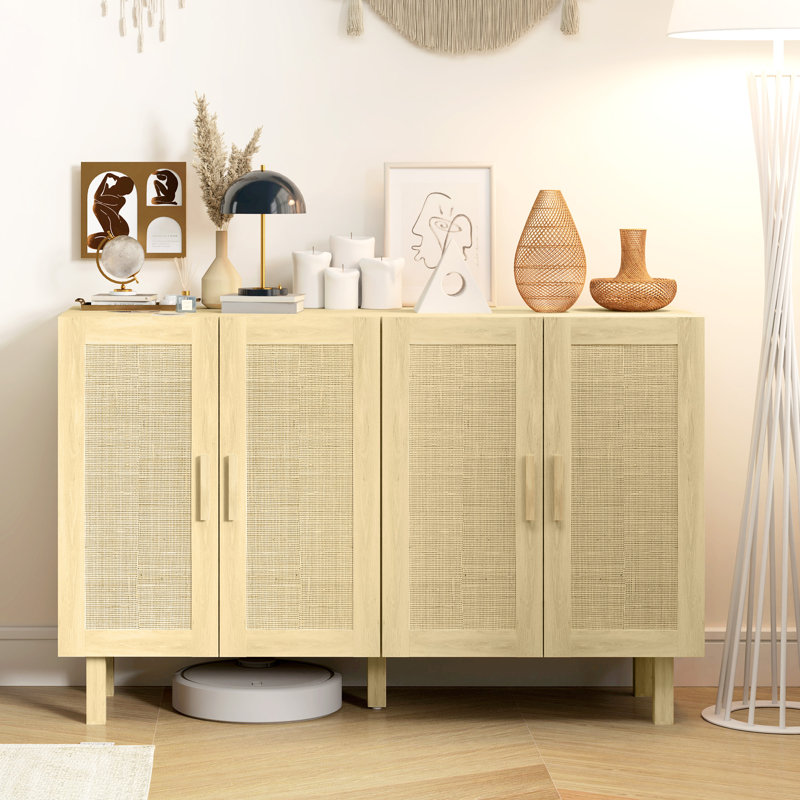 Buffet buffet, armoire de cuisine, armoire à café avec 4 portes en rotin et tablettes réglables, Naturel