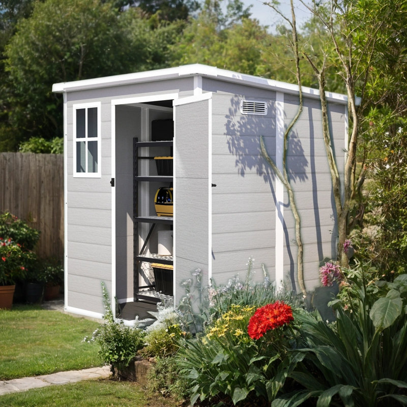 Remise de rangement imperméable 6 x 6 pi, matériau PP solide, résistant à la rouille et aux rayons UV, panneau de 12 mm d'épaisseur, fenêtre HD, plancher inclus