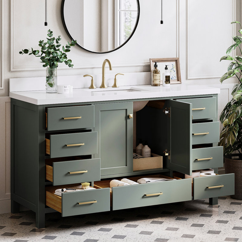 Cambridge 61'' W Single Vanity, Satin Brass, Vintage Green
