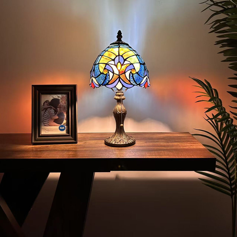 Navasart Tiffany Table Lamp Stained Glass Liaison  LED Bulb Included 8"W*8"D*15"H, Blue
