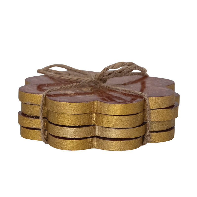 Marbled Resin Flower Coaster Set Red and