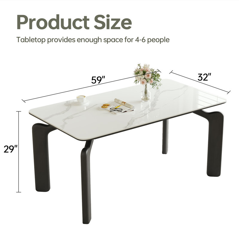 59" Modern White Sintered Stone Dining Table, Rectangular Kitchen Table with Sturdy Black Metal Legs, Seats 4-6 People