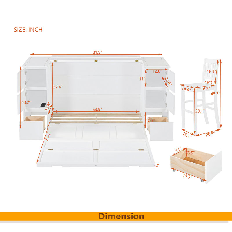 Armoire lit escamotable avec chaise, bureau et tiroirs Murphy, Full/Double, Blanc