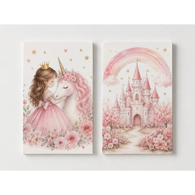 Grand ensemble de 2 reproductions d'art sur toile, princesse rose, château de licorne, pour chambre de fille, aquarelle
