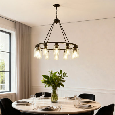 Wagon Wheel Chandelier 12-Light with Seeded Glass Pendants for Dining Room or Kitchen