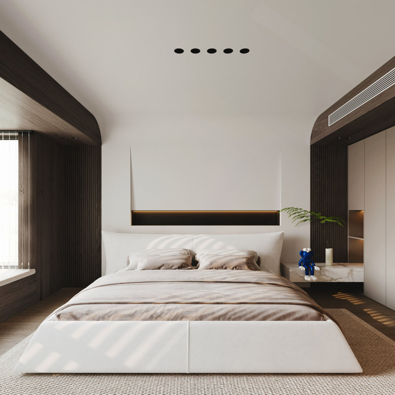 Lit plateforme tapissier avec tête de lit en velours de forme spéciale, structure en métal et bois massif, Beige