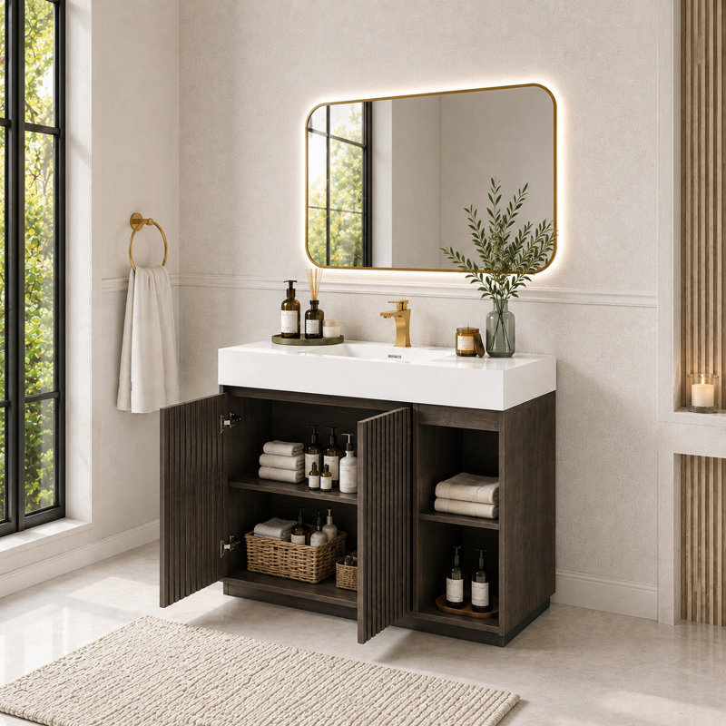 Meuble-lavabo autoportant de 122 cm (48 po) avec lavabo monobloc en surface solide, armoire de rangement spacieuse, fermeture amortie et design moderne