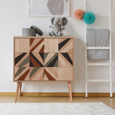 Modern Geometric Dresser with Wooden Legs, 31.5 x 35.0 x 15.7 inches | 100% Melamine Coated Particle Board, UV Digital Printing | Numerous Shelves, Wall-Mountable, Elegant Storage Solution for Contemporary Spaces