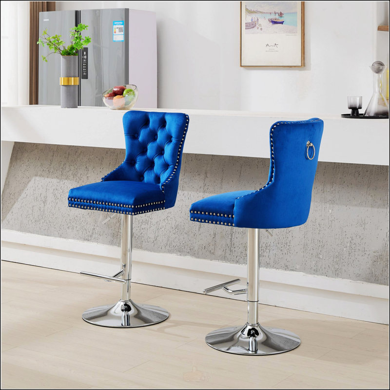 Thick Chrome Swivel Velvet Barstools, Adjustable Height