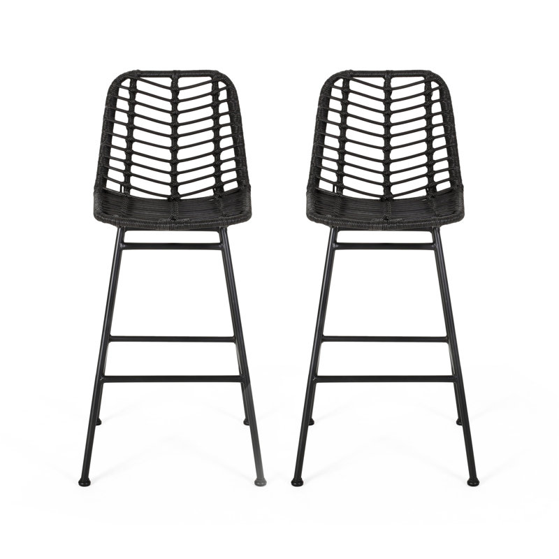 Gray and Black Wicker Outdoor Barstools with Iron Frame, Set of 2