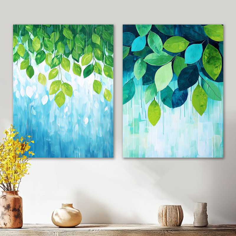 Forêt, laisser les verts sous la pluie - ensemble d'art mural en métal botanique bleu, 32" H x 48" W