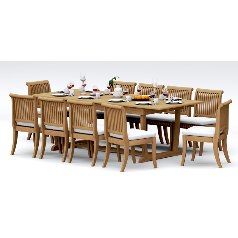 12 Seats 13 Pcs Grade-A Teak Wood Dining Set: 118" Double Extension Mas Rectangle Trestle Leg Table And 12 Giva Armless Chairs #11GV2500